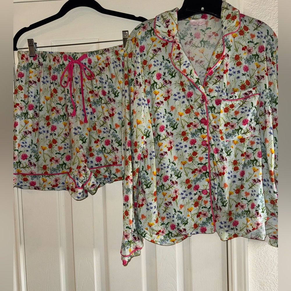 Pink Lily Floral Pajama Set - Multicolor